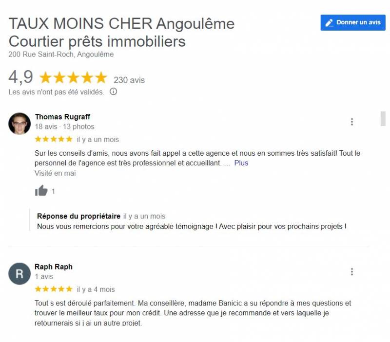  avis sur Taux Moins Cher courtier en prêt immobilier à Angoulême